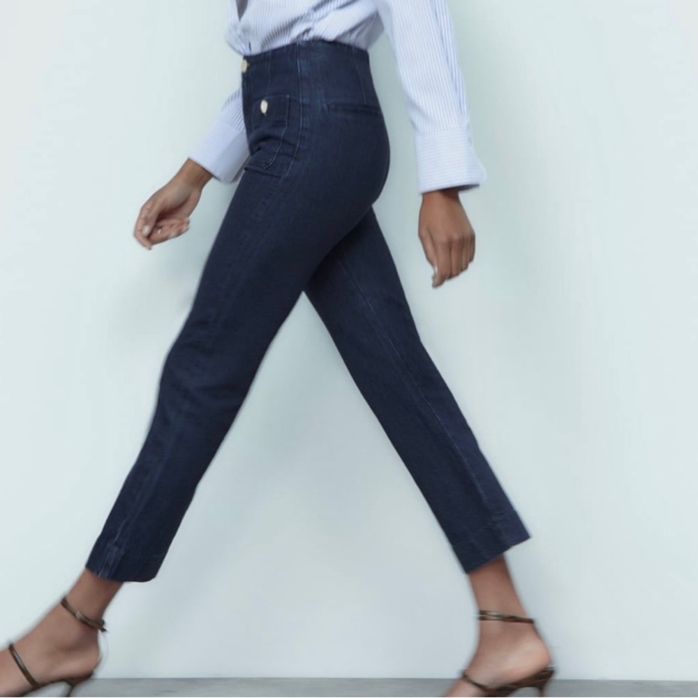 Zara NWOT Dark wash pocket button front straight leg semi cropped denim jeans - Picture 5 of 9